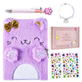 PJDRLLC Girls Diary with Lock and Keys – Soft Plush Cat Journal Set with Pen, Stickers & Bracelet