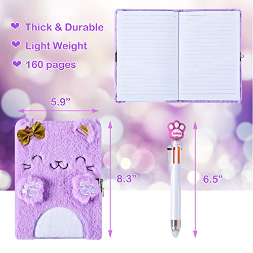 PJDRLLC Girls Diary with Lock and Keys – Soft Plush Cat Journal Set with Pen, Stickers & Bracelet
