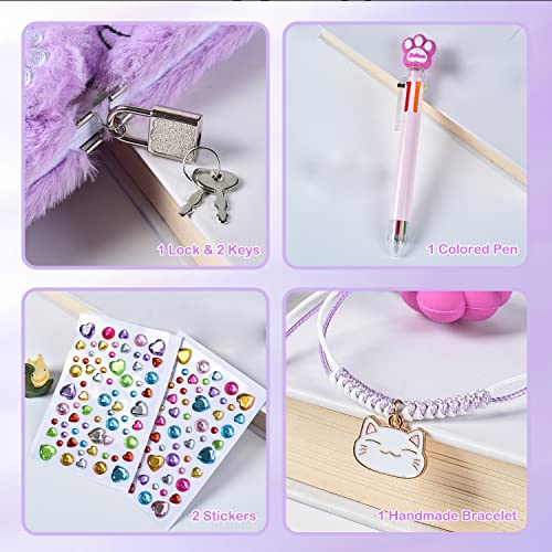 PJDRLLC Girls Diary with Lock and Keys – Soft Plush Cat Journal Set with Pen, Stickers & Bracelet