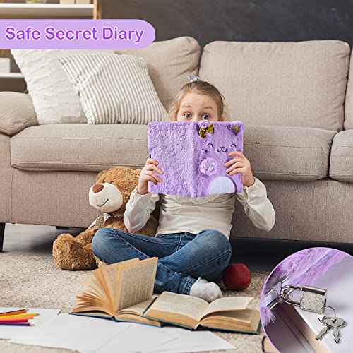 PJDRLLC Girls Diary with Lock and Keys – Soft Plush Cat Journal Set with Pen, Stickers & Bracelet