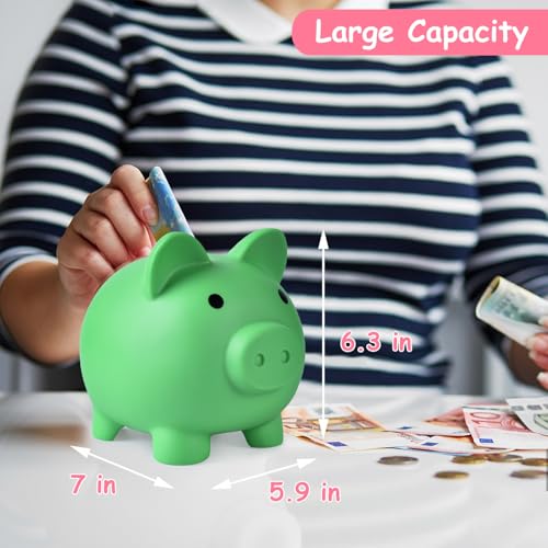 PJDRLLC Large Piggy Bank - Unbreakable Plastic Coin Bank for Kids, Green, 7 Inches Tall