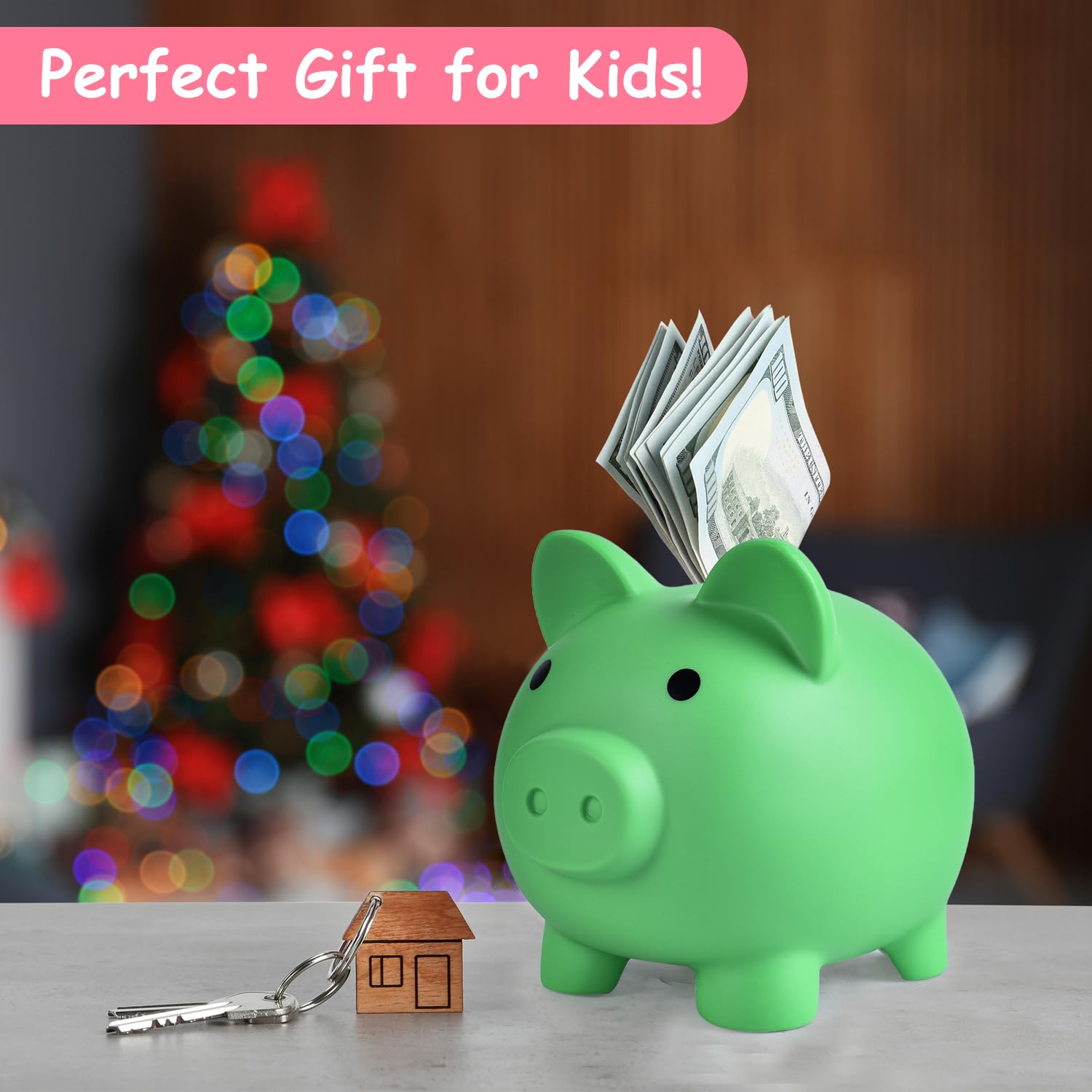 PJDRLLC Large Piggy Bank - Unbreakable Plastic Coin Bank for Kids, Green, 7 Inches Tall