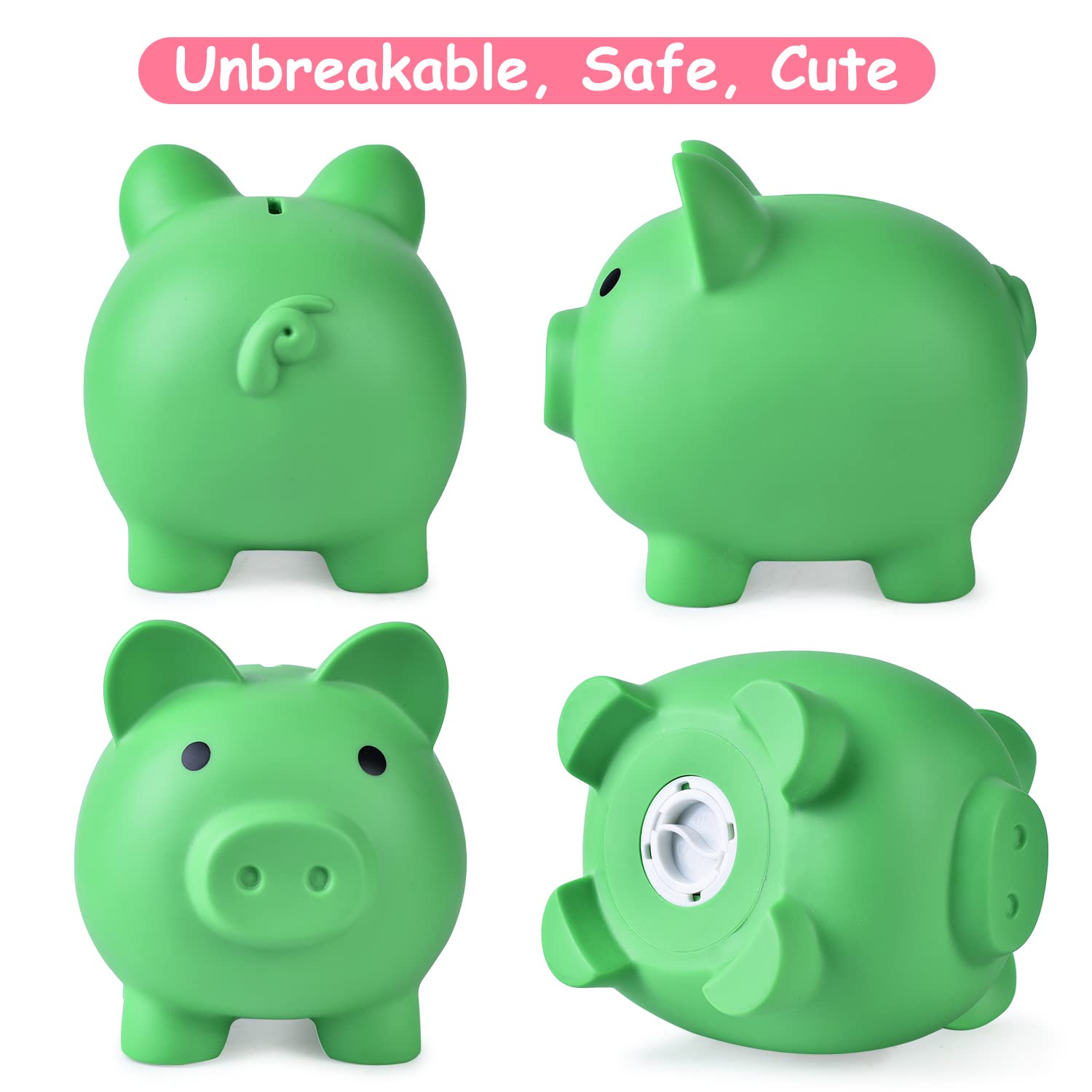PJDRLLC Large Piggy Bank - Unbreakable Plastic Coin Bank for Kids, Green, 7 Inches Tall