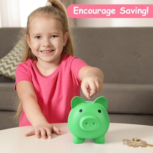 PJDRLLC Large Piggy Bank - Unbreakable Plastic Coin Bank for Kids, Green, 7 Inches Tall