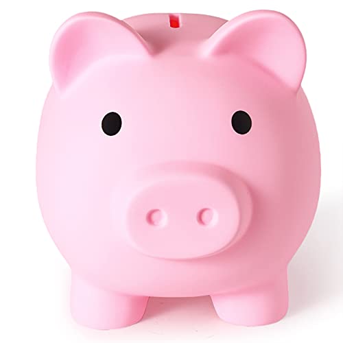 PJDRLLC Large Piggy Bank - Unbreakable Plastic Coin Bank for Kids (Pink)
