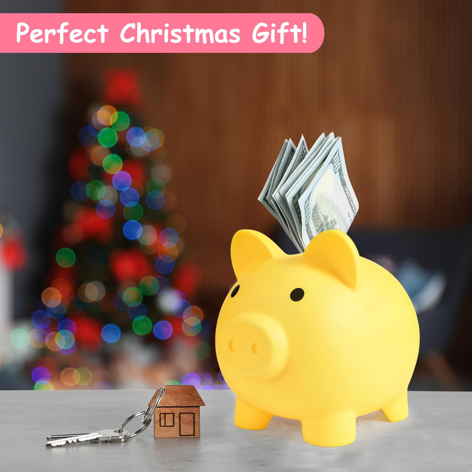 PJDRLLC Large Piggy Bank, Unbreakable Plastic Coin Bank for Kids, 7 x 5.9 x 6.3 Inches, Yellow