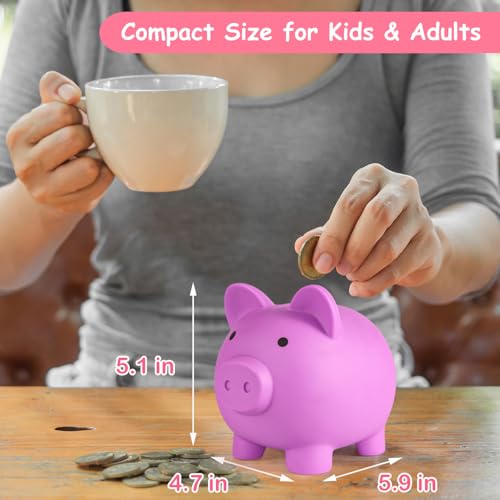 PJDRLLC Light Purple Piggy Bank – Unbreakable Plastic Coin Bank for Kids Ages 4-10, Medium Size with Easy-Access Bottom Knob