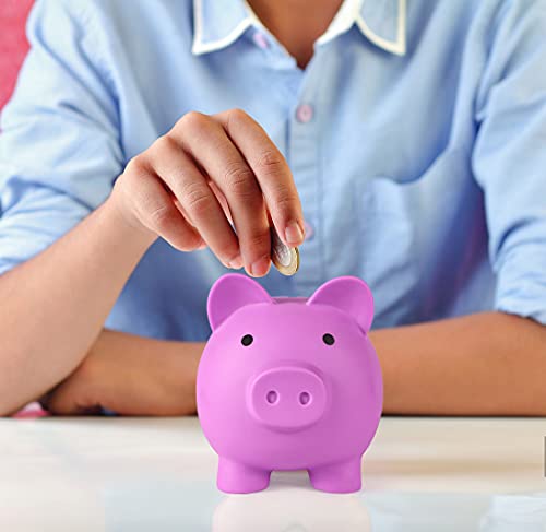 PJDRLLC Light Purple Piggy Bank – Unbreakable Plastic Coin Bank for Kids Ages 4-10, Medium Size with Easy-Access Bottom Knob