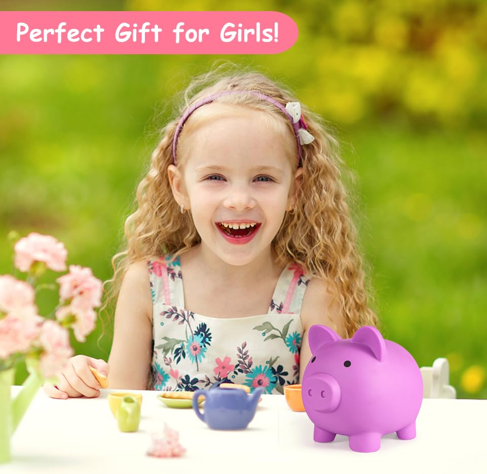PJDRLLC Light Purple Piggy Bank – Unbreakable Plastic Coin Bank for Kids Ages 4-10, Medium Size with Easy-Access Bottom Knob