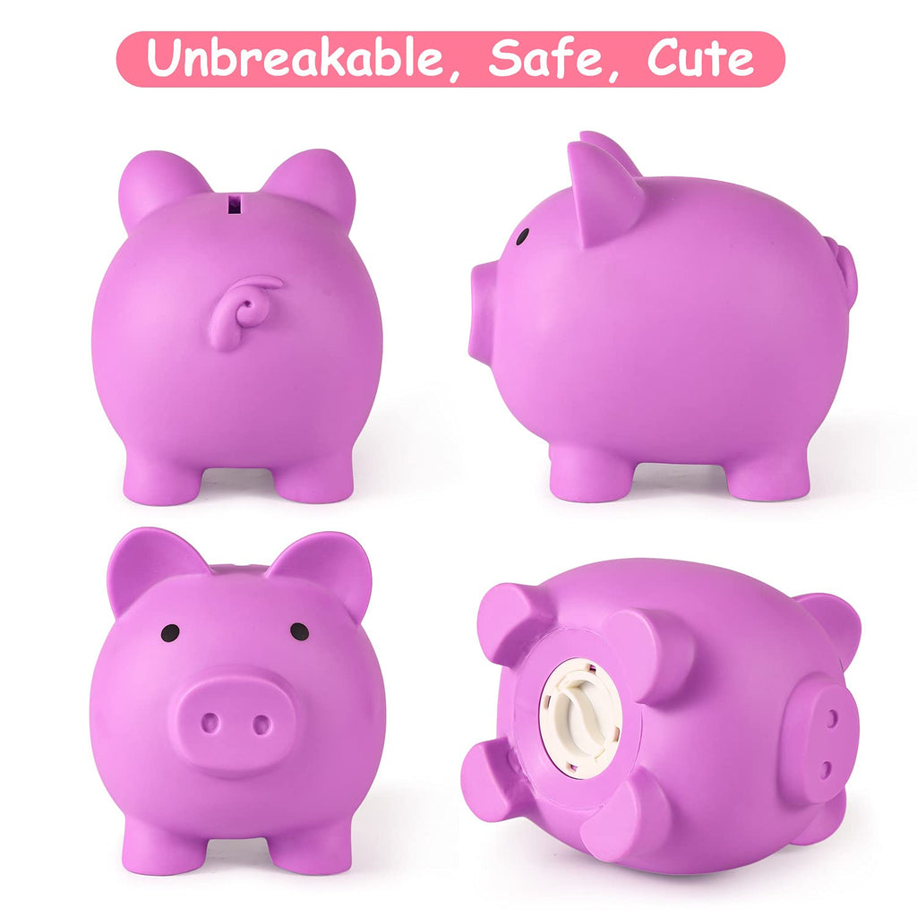 PJDRLLC Light Purple Piggy Bank – Unbreakable Plastic Coin Bank for Kids Ages 4-10, Medium Size with Easy-Access Bottom Knob