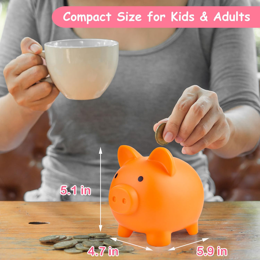 PJDRLLC Orange Piggy Bank: Sturdy Plastic Coin Bank for Kids, Medium Size 5.9x4.7x5.1 Inches, Safe Money Gift for Boys & Girls