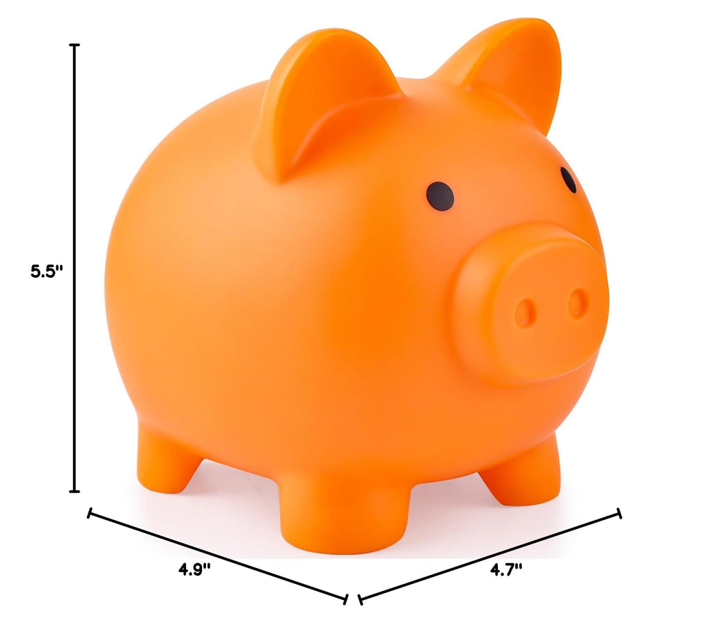 PJDRLLC Orange Piggy Bank: Sturdy Plastic Coin Bank for Kids, Medium Size 5.9x4.7x5.1 Inches, Safe Money Gift for Boys & Girls