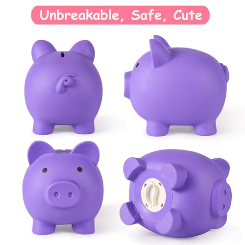 PJDRLLC Purple Plastic Piggy Bank for Kids – Unbreakable Coin Bank, Medium Size, Easy Access, Gift for Ages 4-10