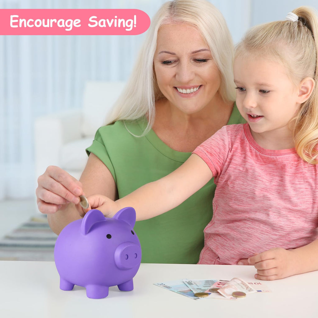PJDRLLC Purple Plastic Piggy Bank for Kids – Unbreakable Coin Bank, Medium Size, Easy Access, Gift for Ages 4-10