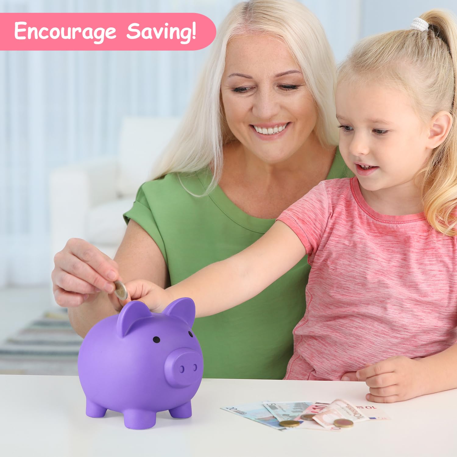 PJDRLLC Purple Plastic Piggy Bank for Kids – Unbreakable Coin Bank, Medium Size, Easy Access, Gift for Ages 4-10