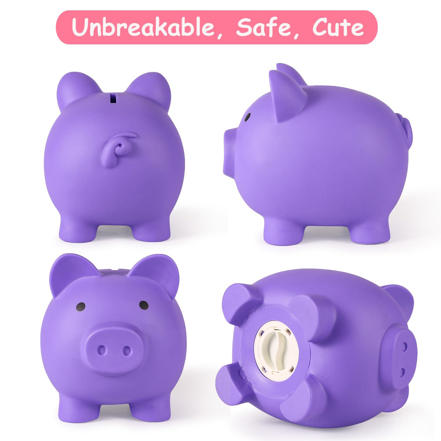PJDRLLC Purple Plastic Piggy Bank for Kids – Unbreakable Coin Bank, Medium Size, Easy Access, Gift for Ages 4-10