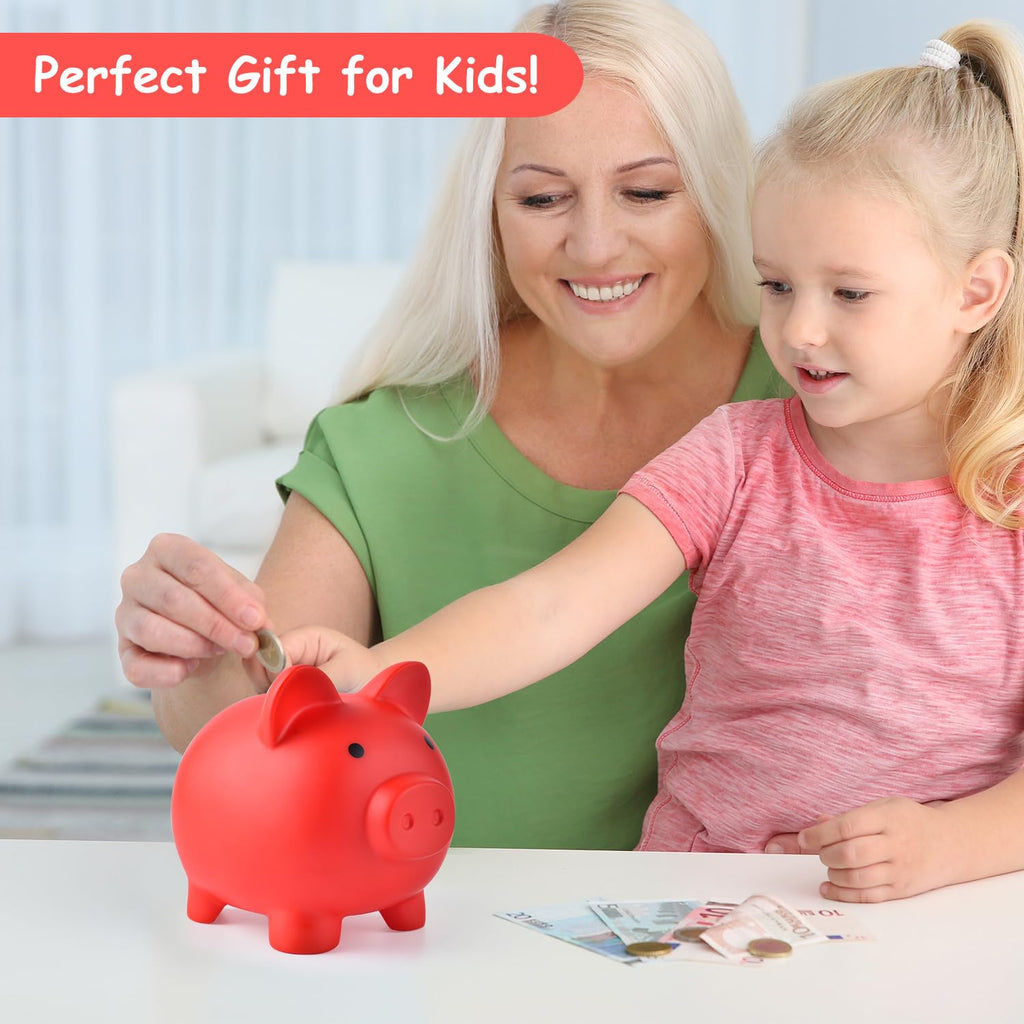 PJDRLLC Unbreakable Plastic Piggy Bank - Medium Coin Bank for Kids, Red