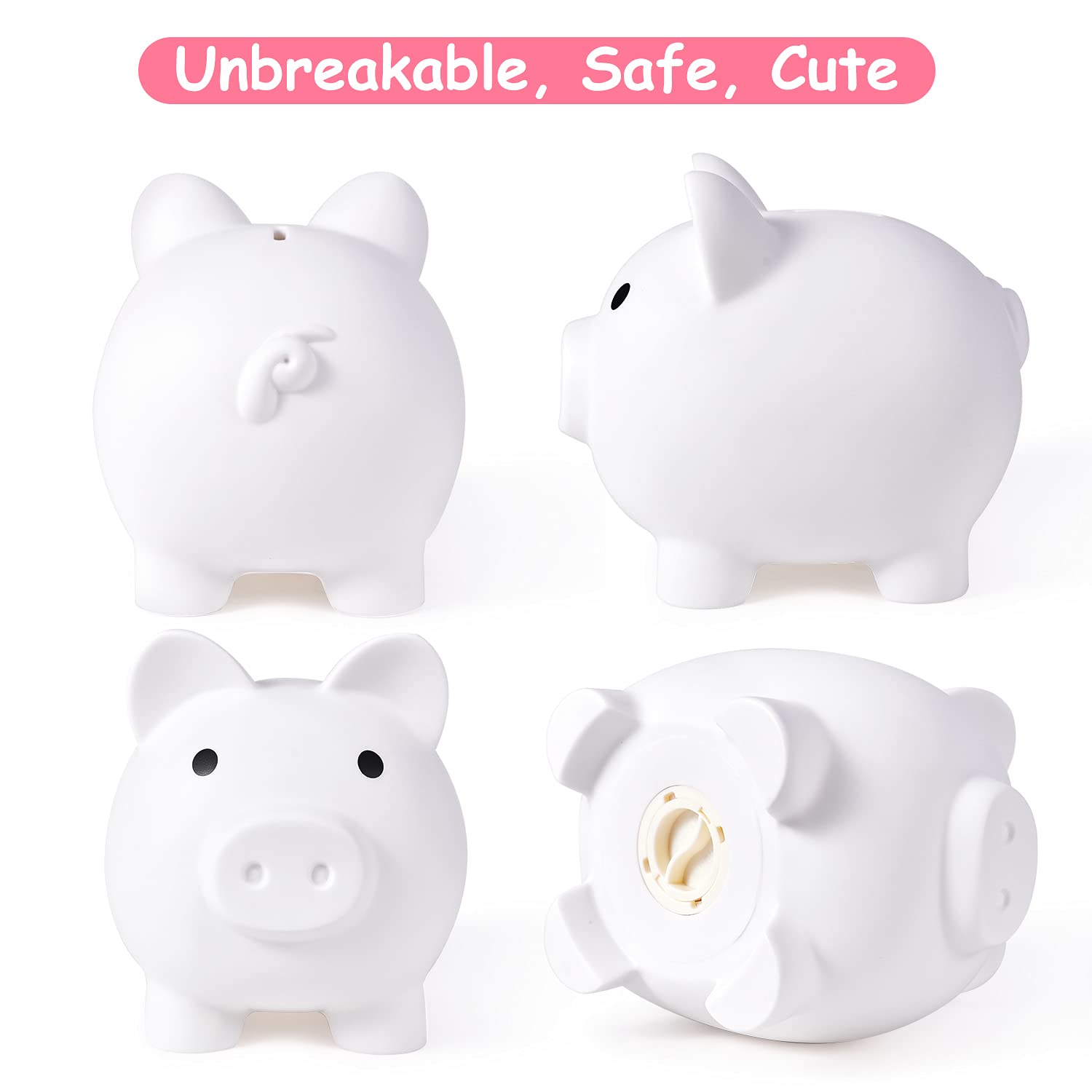 PJDRLLC White Large Piggy Bank - Unbreakable Plastic Coin Bank for Kids Ages 4-10