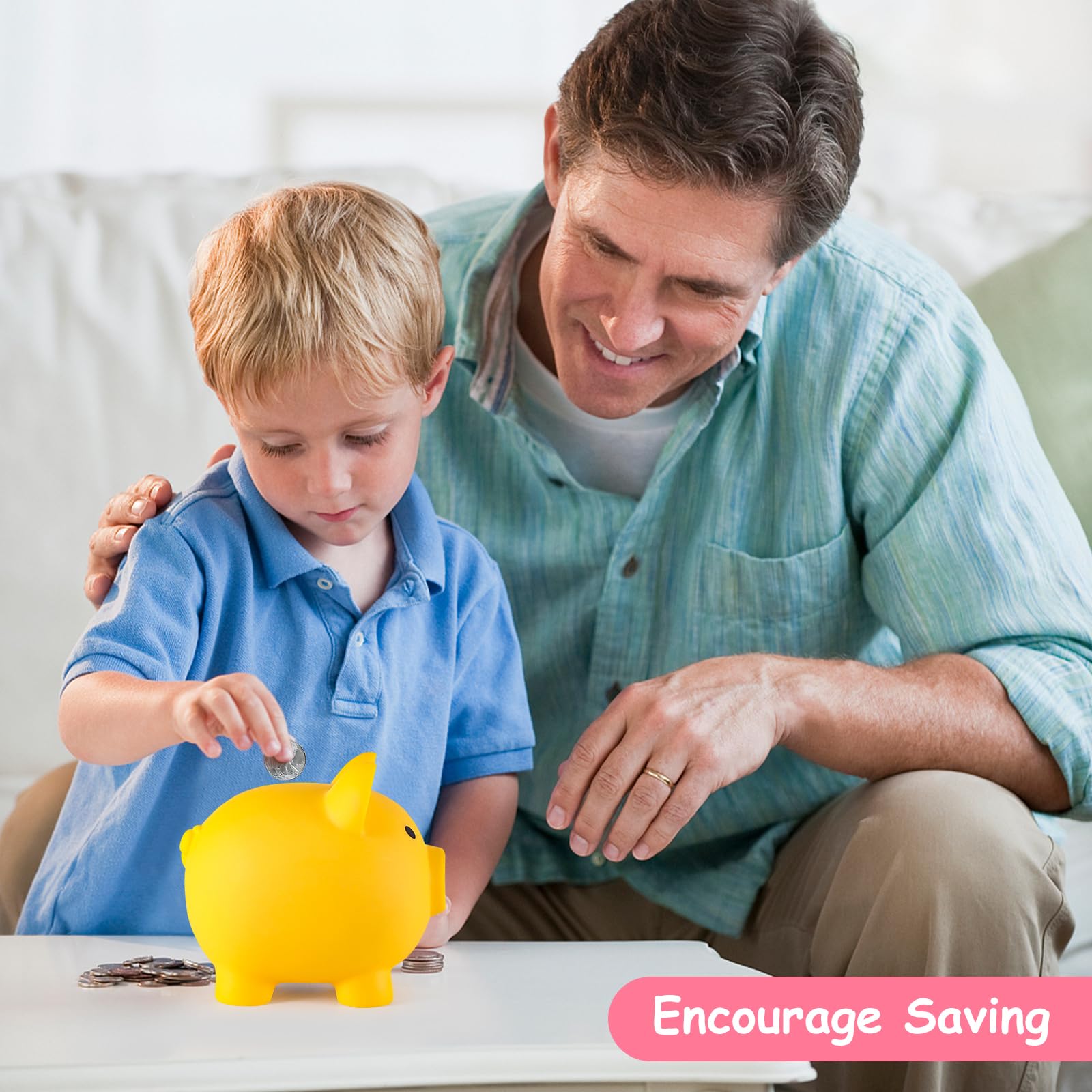 PJDRLLC Yellow Unbreakable Plastic Piggy Bank – Medium Coin Bank for Kids Ages 4-10