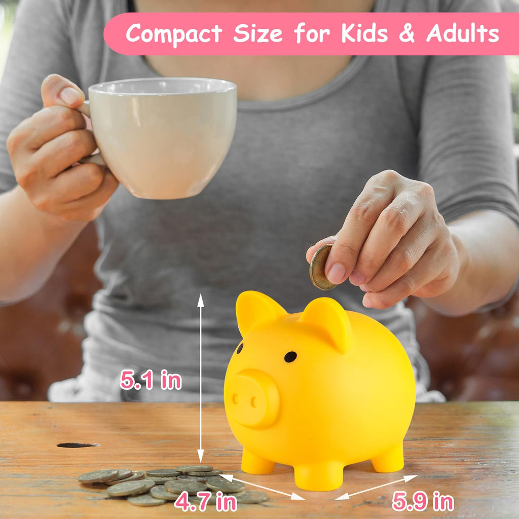 PJDRLLC Yellow Unbreakable Plastic Piggy Bank – Medium Coin Bank for Kids Ages 4-10
