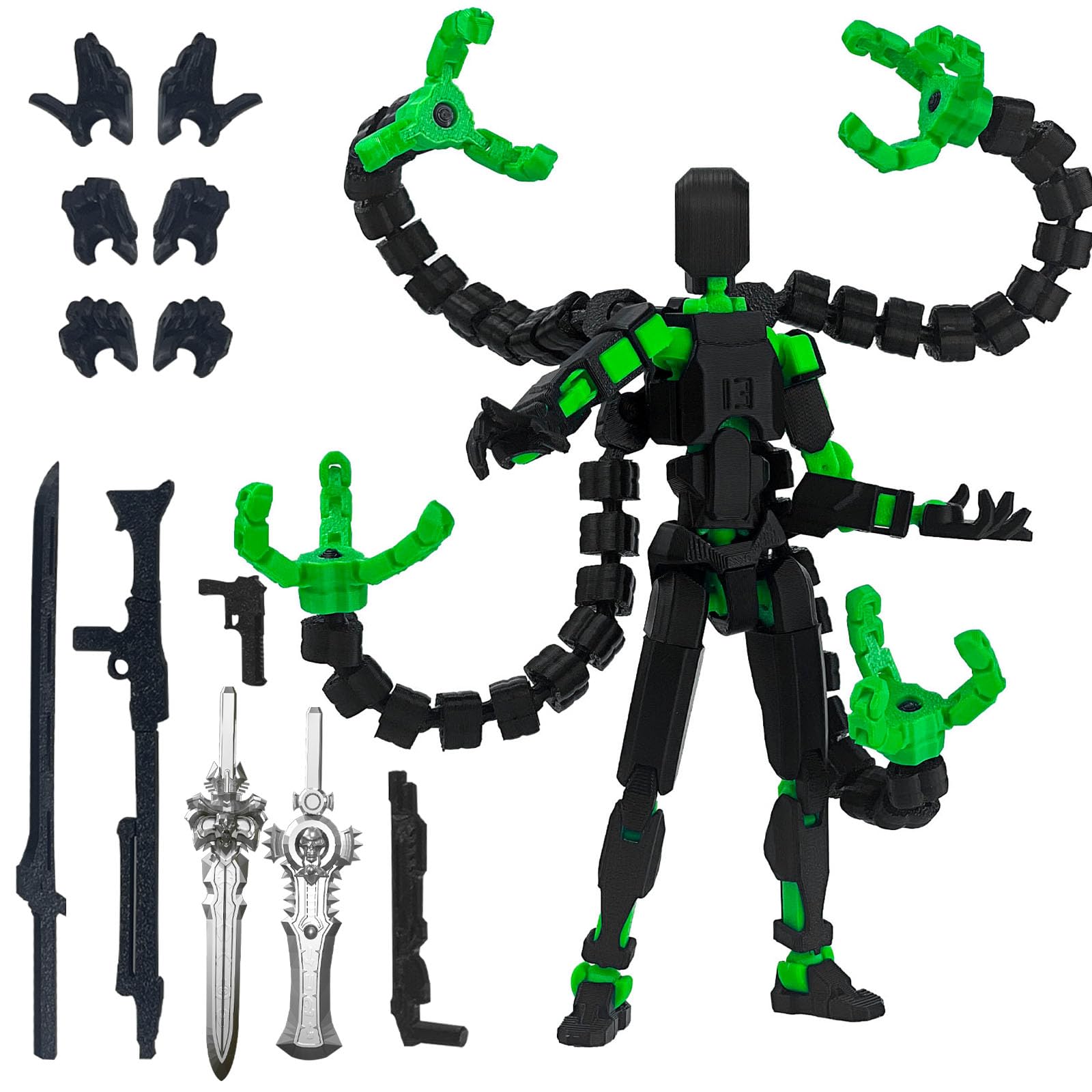 PkghoKids T13 Fully Articulated Action Figure – 5.5" 3D Printed Multi-Jointed Movable Toy with 7 Weapons and 3 Hand Shapes (Black Green)