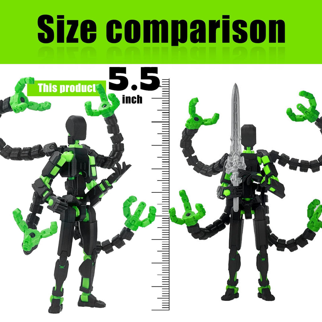 PkghoKids T13 Fully Articulated Action Figure – 5.5" 3D Printed Multi-Jointed Movable Toy with 7 Weapons and 3 Hand Shapes (Black Green)