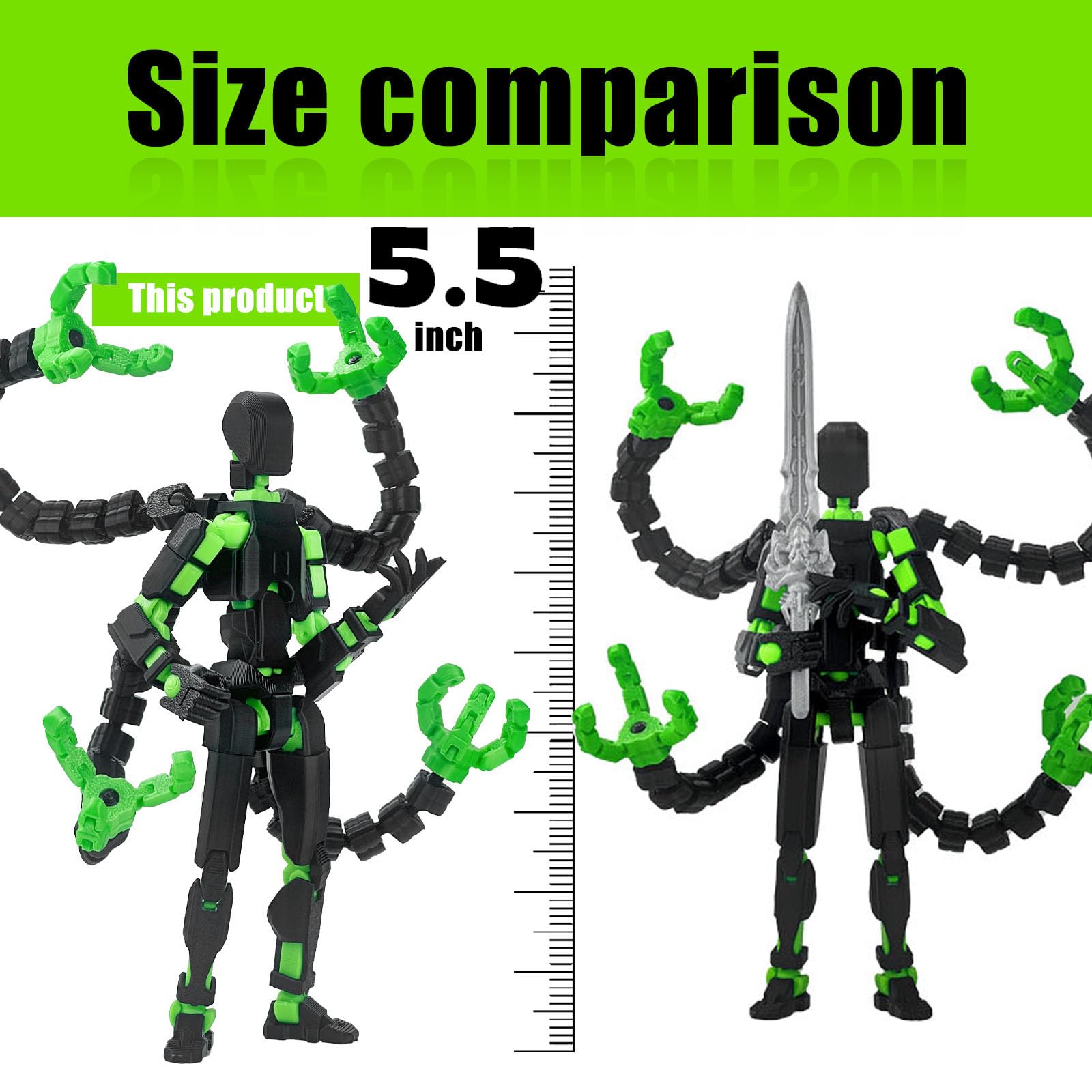 PkghoKids T13 Fully Articulated Action Figure – 5.5" 3D Printed Multi-Jointed Movable Toy with 7 Weapons and 3 Hand Shapes (Black Green)