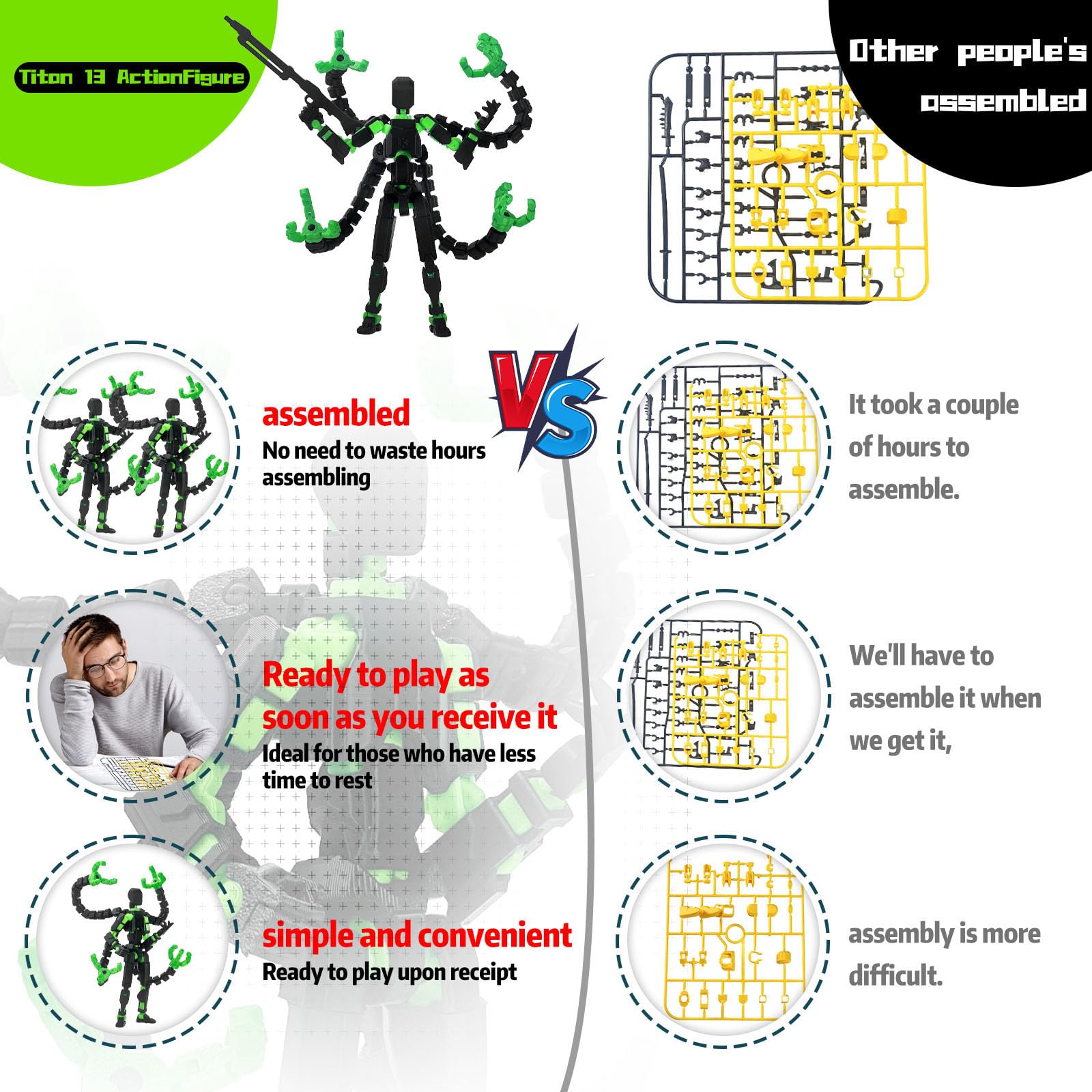 PkghoKids T13 Fully Articulated Action Figure – 5.5" 3D Printed Multi-Jointed Movable Toy with 7 Weapons and 3 Hand Shapes (Black Green)