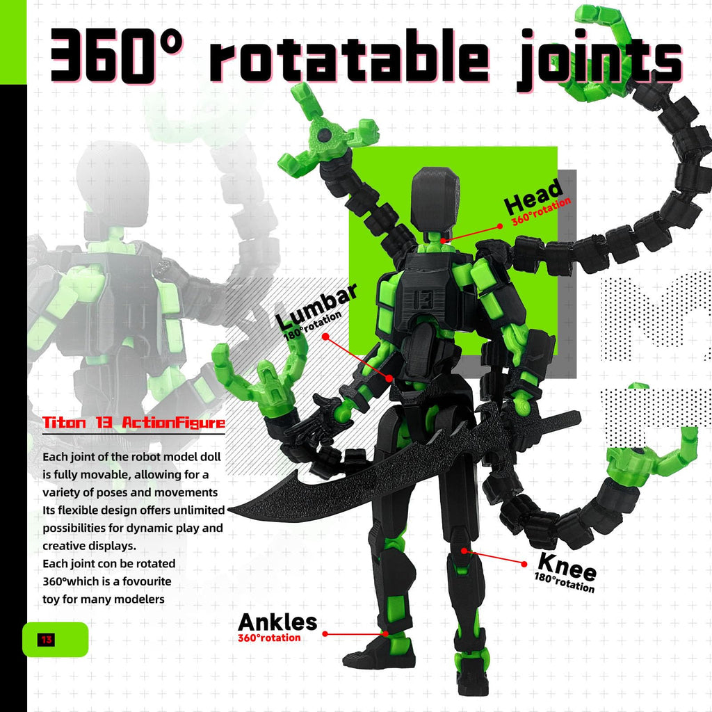 PkghoKids T13 Fully Articulated Action Figure – 5.5" 3D Printed Multi-Jointed Movable Toy with 7 Weapons and 3 Hand Shapes (Black Green)