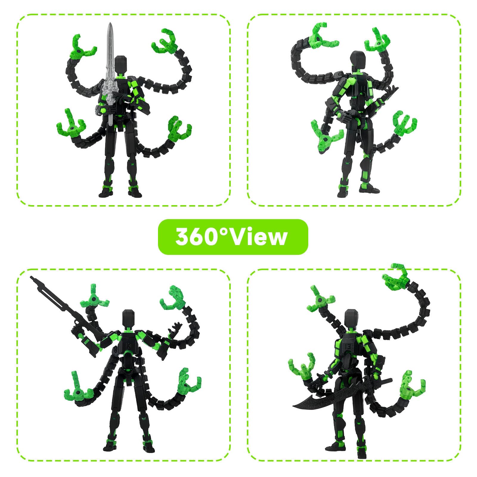 PkghoKids T13 Fully Articulated Action Figure – 5.5" 3D Printed Multi-Jointed Movable Toy with 7 Weapons and 3 Hand Shapes (Black Green)