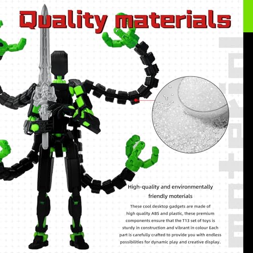 PkghoKids T13 Fully Articulated Action Figure – 5.5" 3D Printed Multi-Jointed Movable Toy with 7 Weapons and 3 Hand Shapes (Black Green)