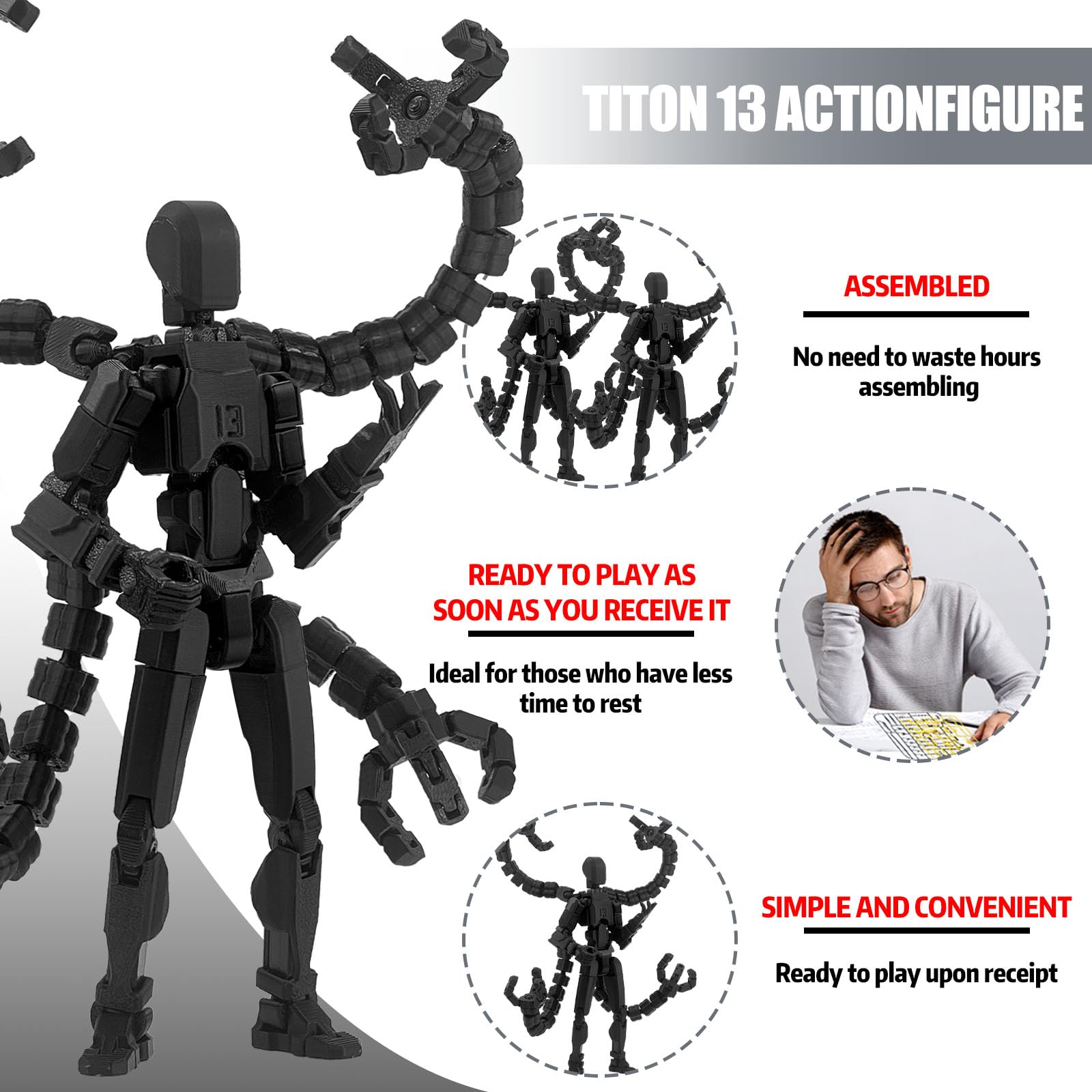 PkghoKids T13 Fully Jointed Action Figure with 3 Hand Types and 5 Weapons, 3D Printed PETG, Already Assembled