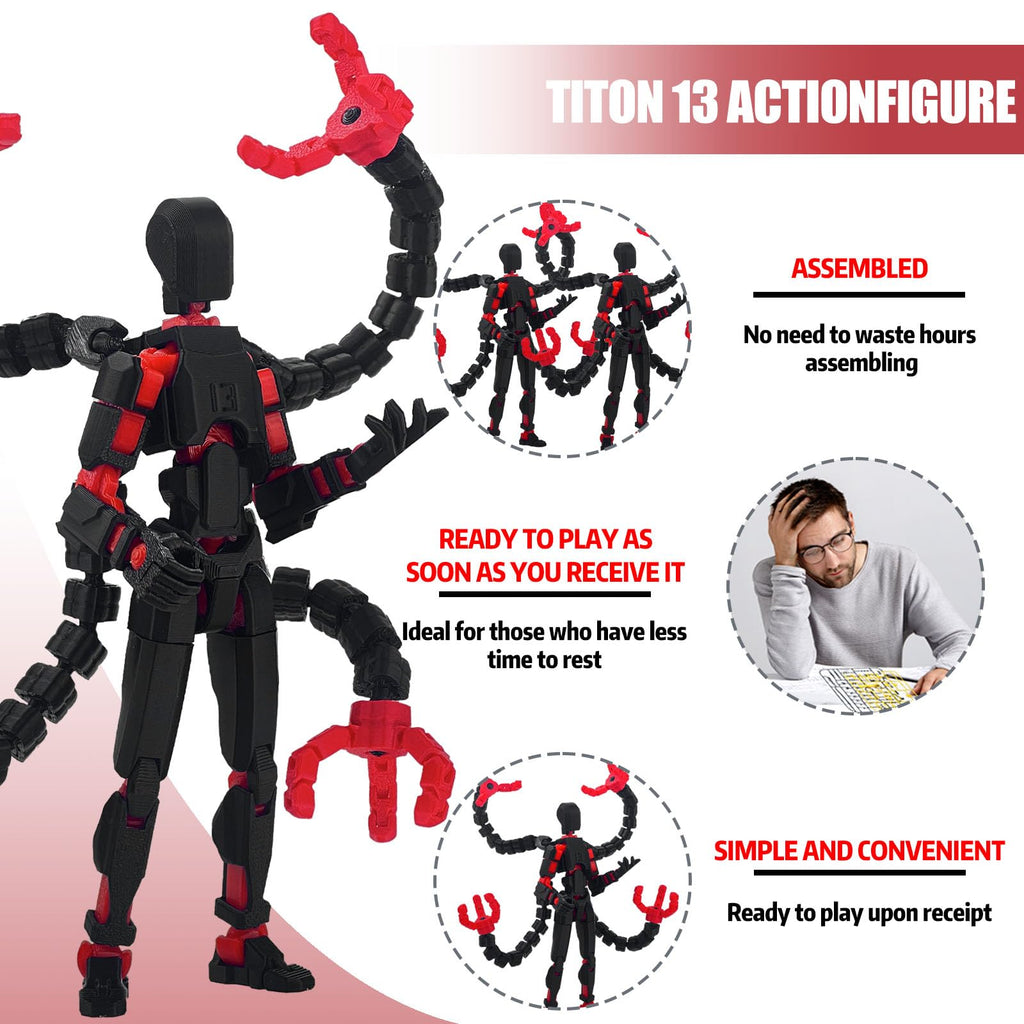 PkghoKids T13 Pre-Assembled Action Figure - 5.5inch Fully Jointed Black Red with 3 Hands and 5 Weapons