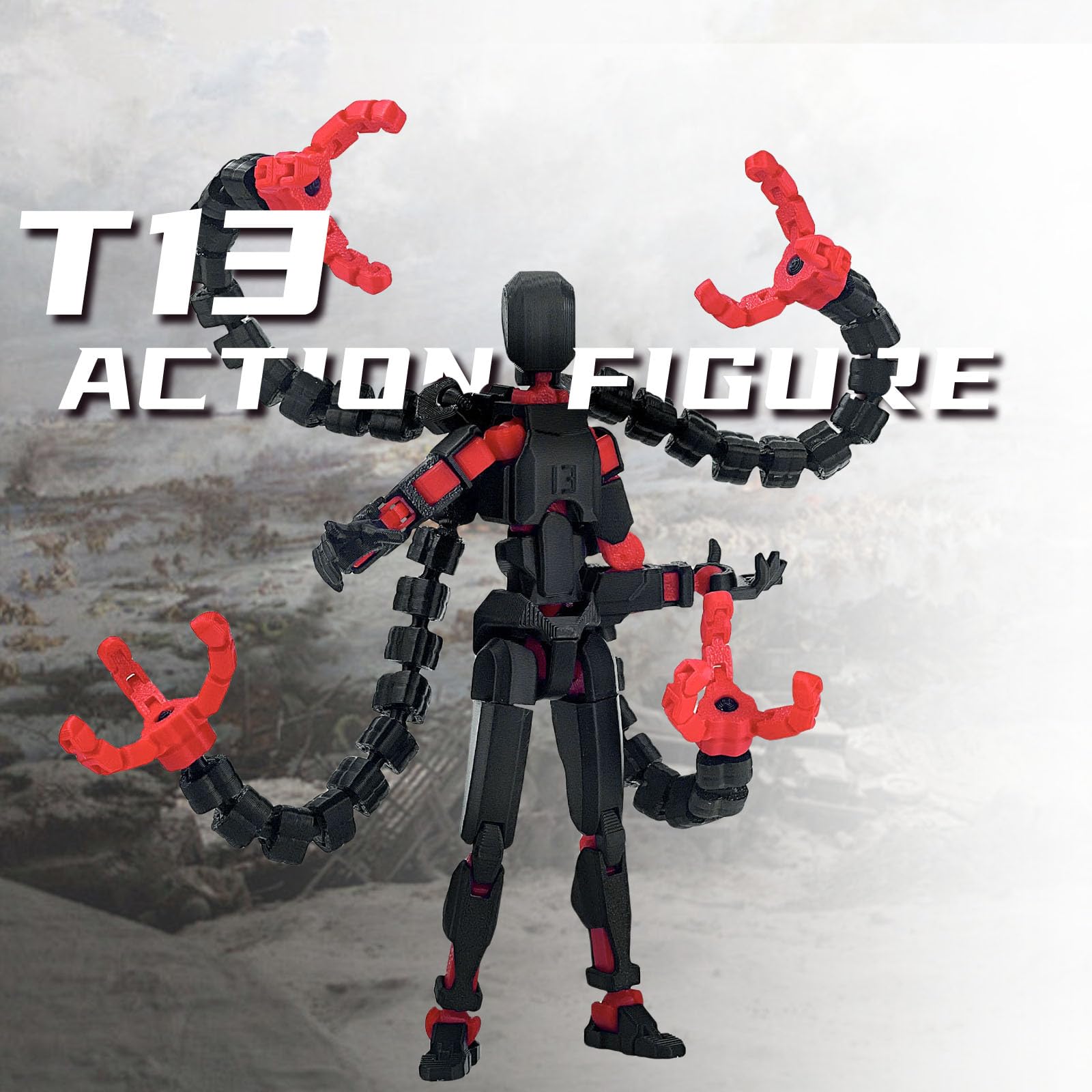 PkghoKids T13 Pre-Assembled Action Figure - 5.5inch Fully Jointed Black Red with 3 Hands and 5 Weapons