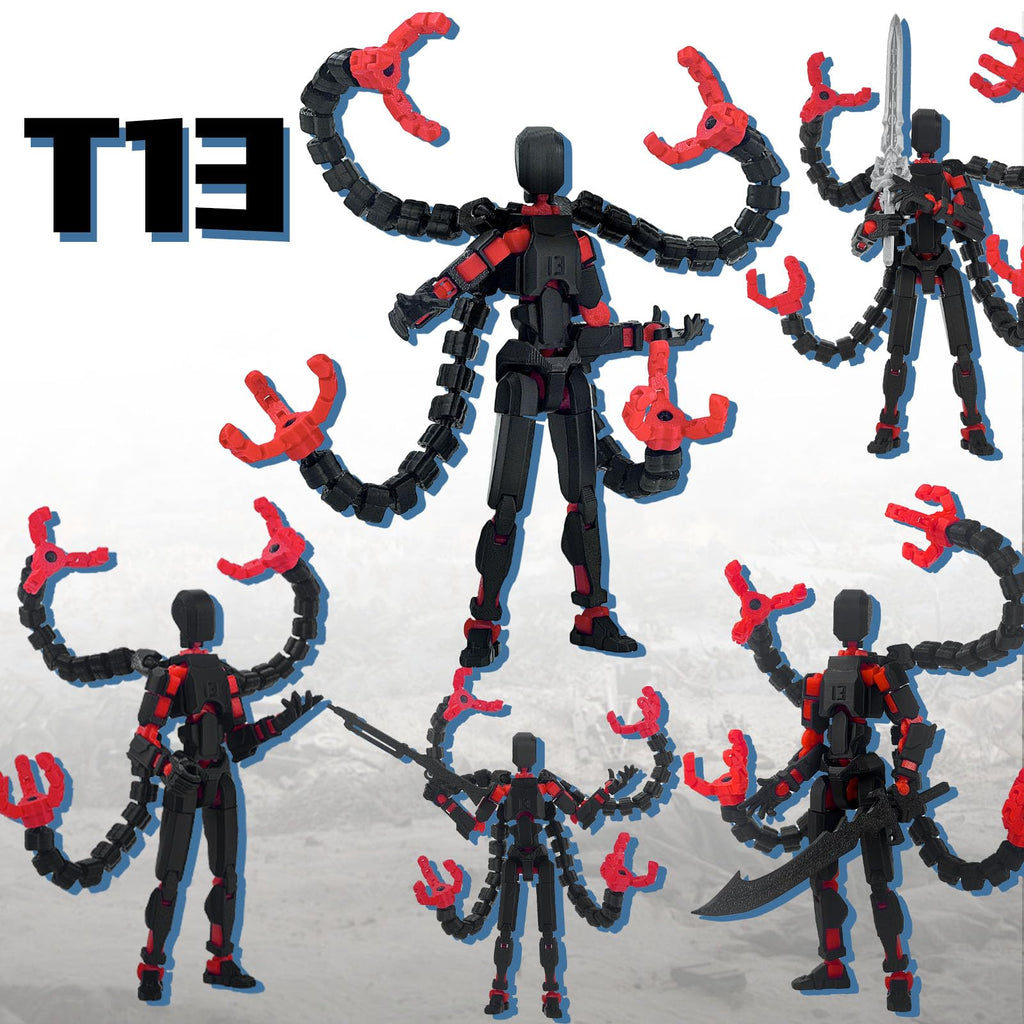 PkghoKids T13 Pre-Assembled Action Figure - 5.5inch Fully Jointed Black Red with 3 Hands and 5 Weapons