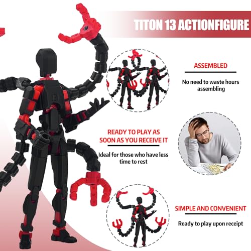 PkghoKids T13 Pre-Assembled Action Figure - 5.5inch Fully Jointed Black Red with 3 Hands and 5 Weapons