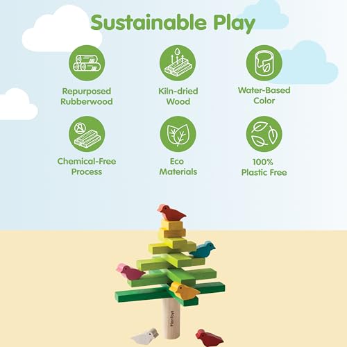 PlanToys Wooden Balancing Tree Game – Montessori Stacking Toy with Birds for Fine Motor Skills