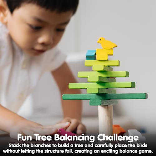 PlanToys Wooden Balancing Tree Game – Montessori Stacking Toy with Birds for Fine Motor Skills