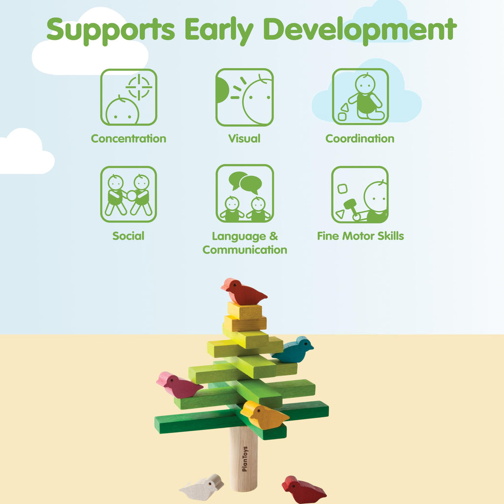 PlanToys Wooden Balancing Tree Game – Montessori Stacking Toy with Birds for Fine Motor Skills