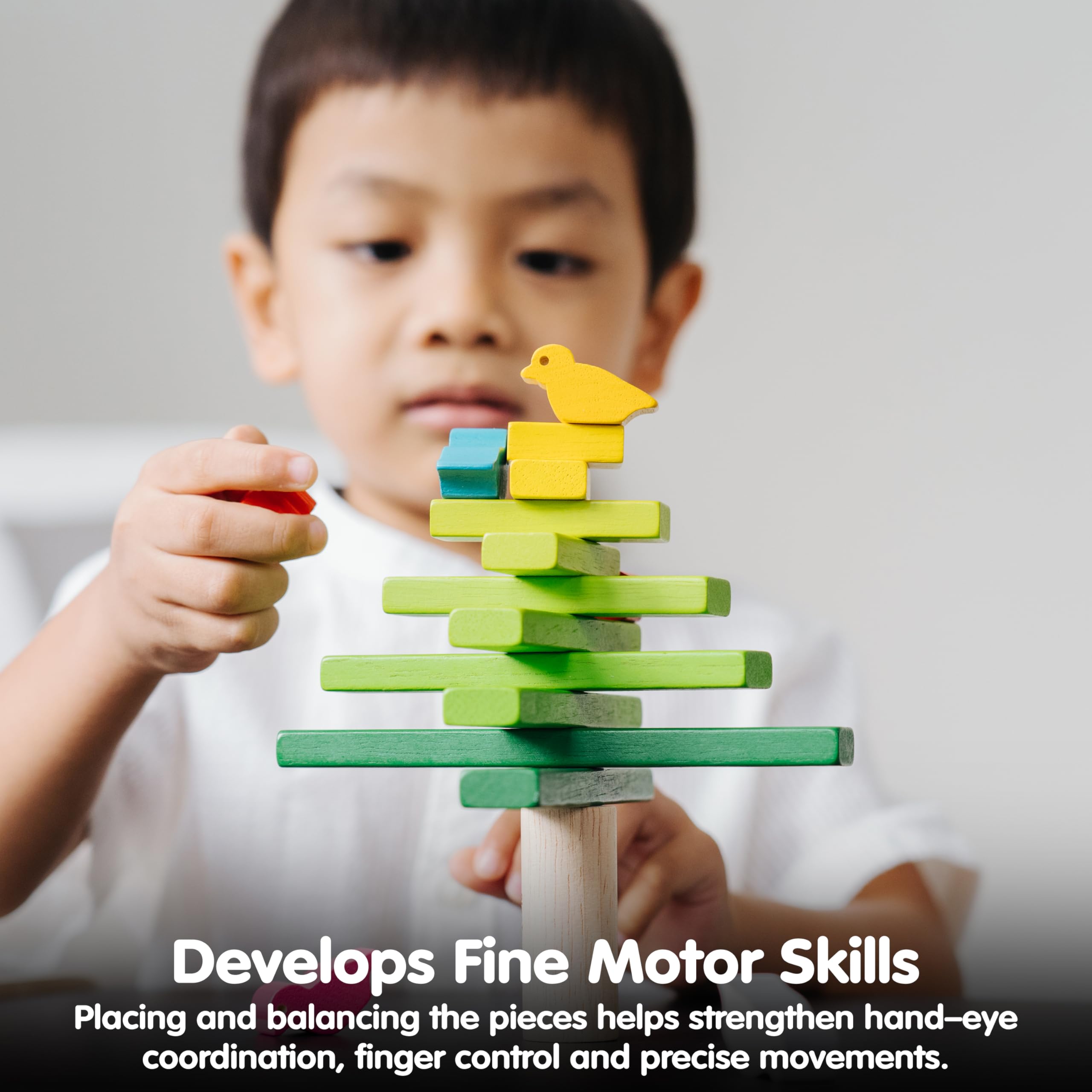 PlanToys Wooden Balancing Tree Game – Montessori Stacking Toy with Birds for Fine Motor Skills