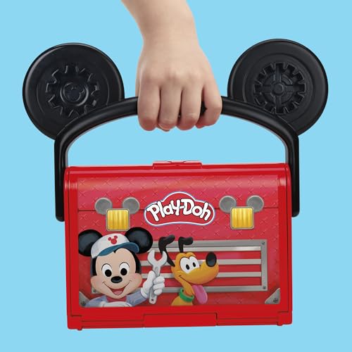 Play-Doh Disney Junior Mickey Mouse On-the-Go Garage Playset – Portable Arts & Crafts with 3 Cans and 4 Tools for Kids 2+