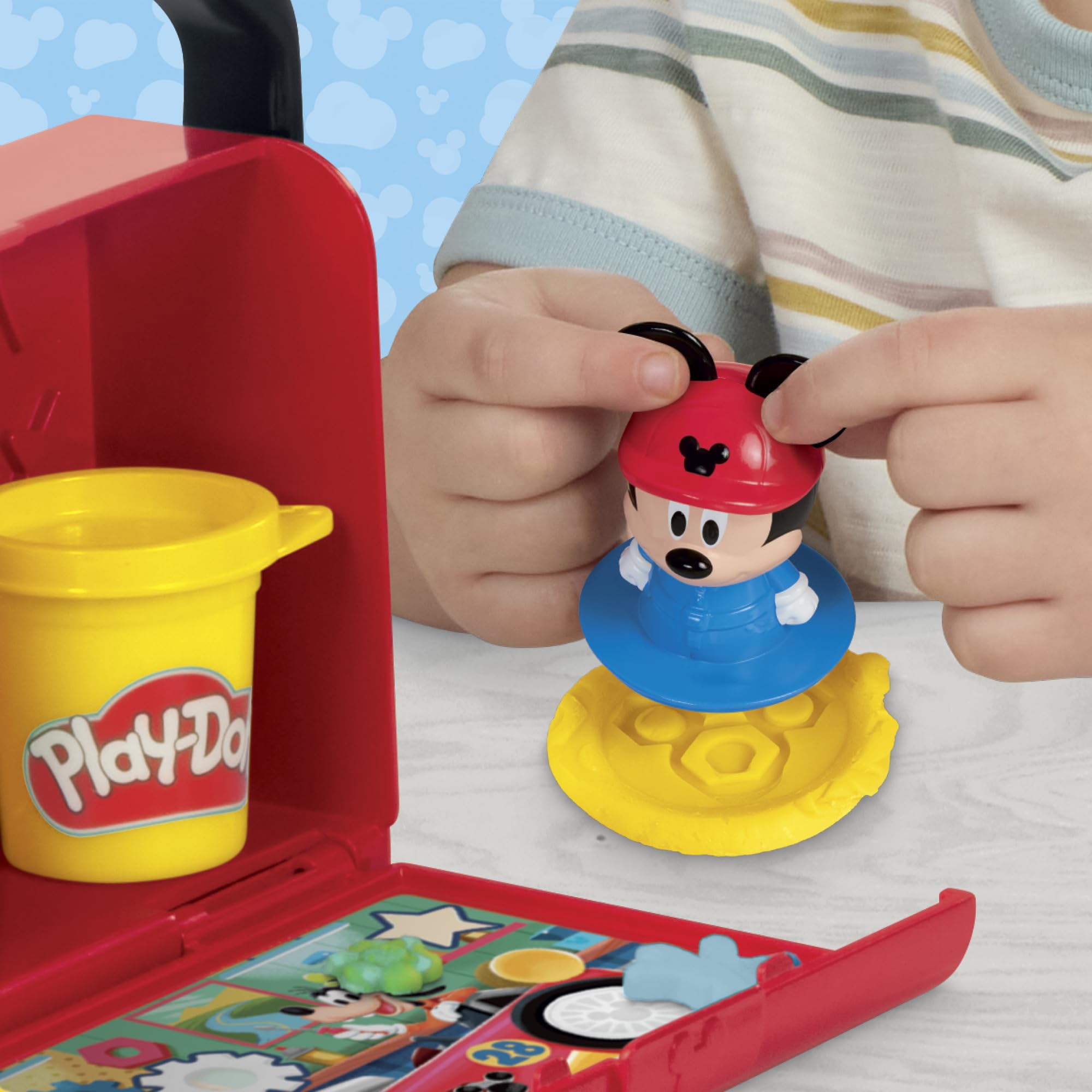Play-Doh Disney Junior Mickey Mouse On-the-Go Garage Playset – Portable Arts & Crafts with 3 Cans and 4 Tools for Kids 2+