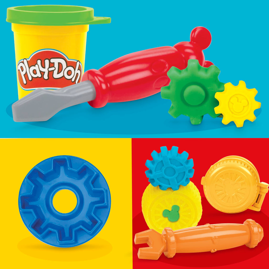 Play-Doh Disney Junior Mickey Mouse On-the-Go Garage Playset – Portable Arts & Crafts with 3 Cans and 4 Tools for Kids 2+