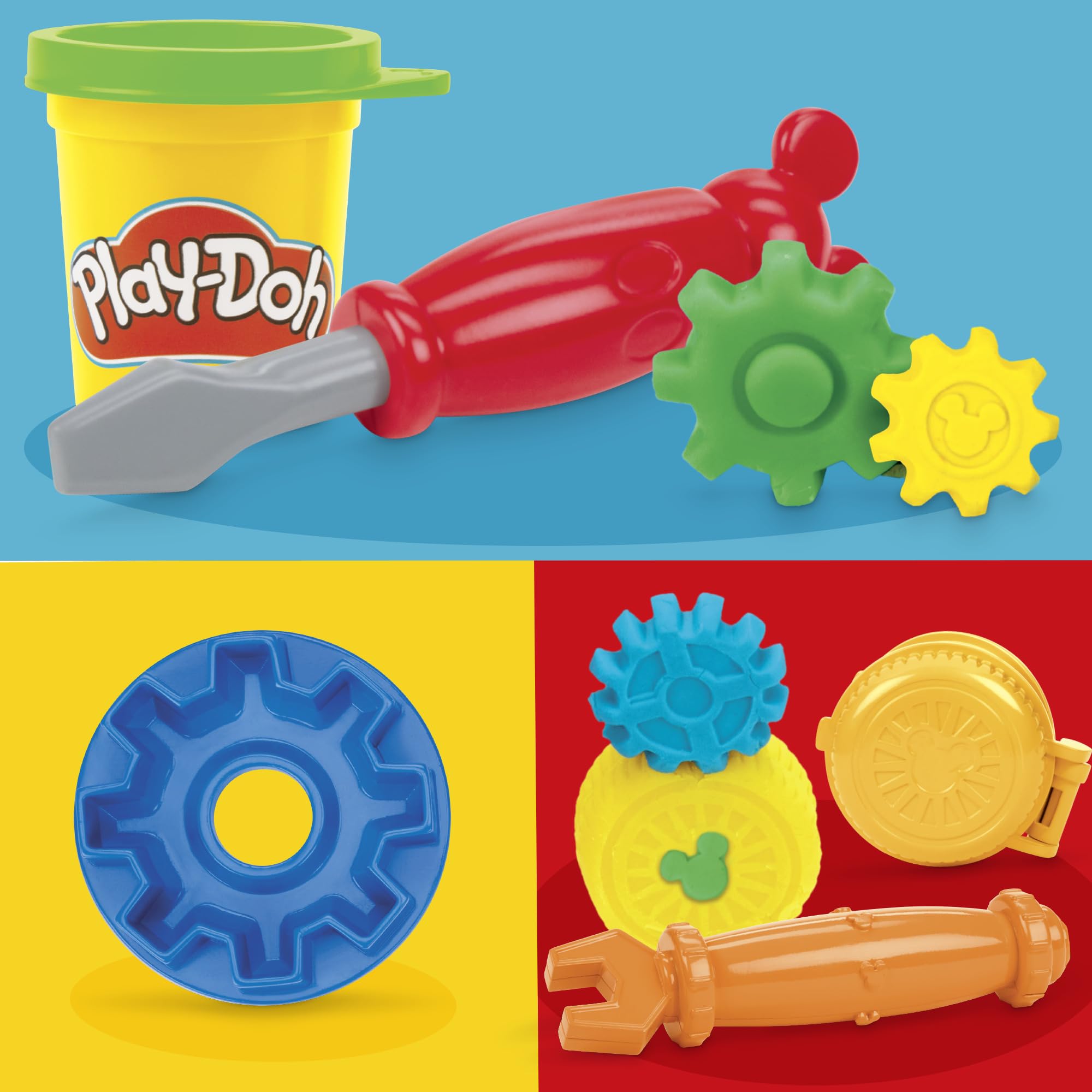 Play-Doh Disney Junior Mickey Mouse On-the-Go Garage Playset – Portable Arts & Crafts with 3 Cans and 4 Tools for Kids 2+