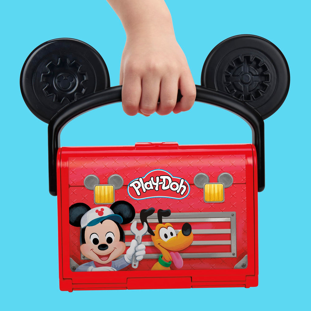 Play-Doh Disney Junior Mickey Mouse On-the-Go Garage Playset – Portable Arts & Crafts with 3 Cans and 4 Tools for Kids 2+