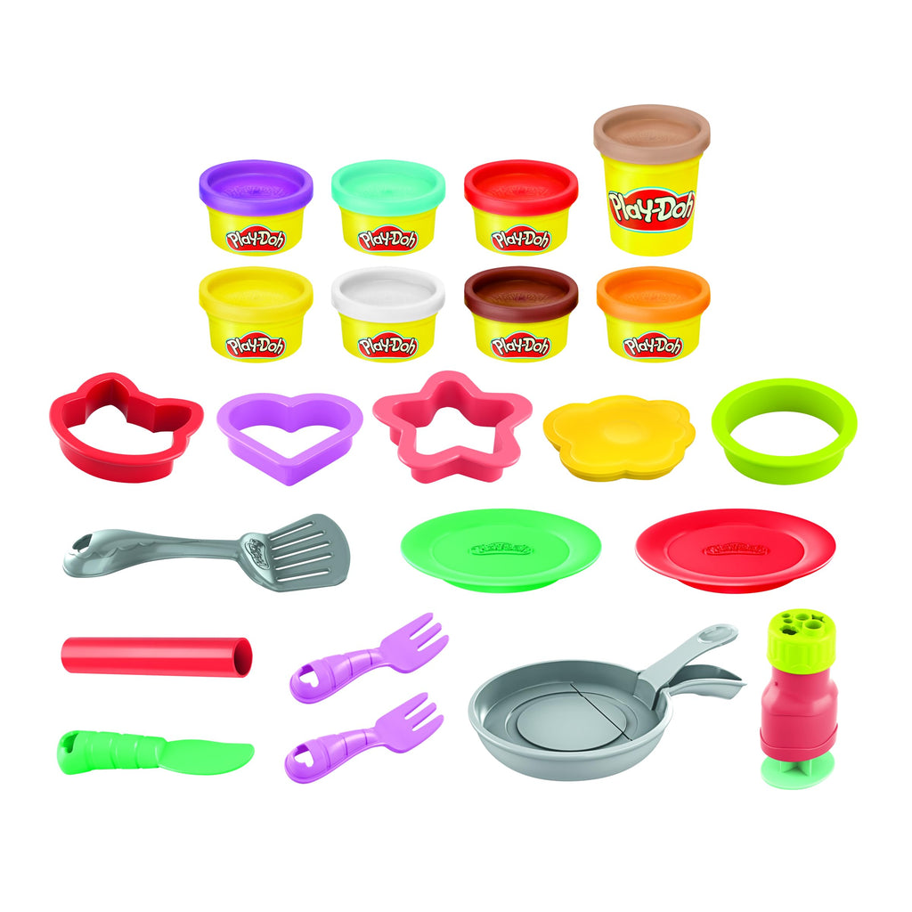 Play-Doh Flip 'n Pancakes Set – 14 Accessories, 8 Cans, Button-Operated Flipping Pan for Kids Ages 3+