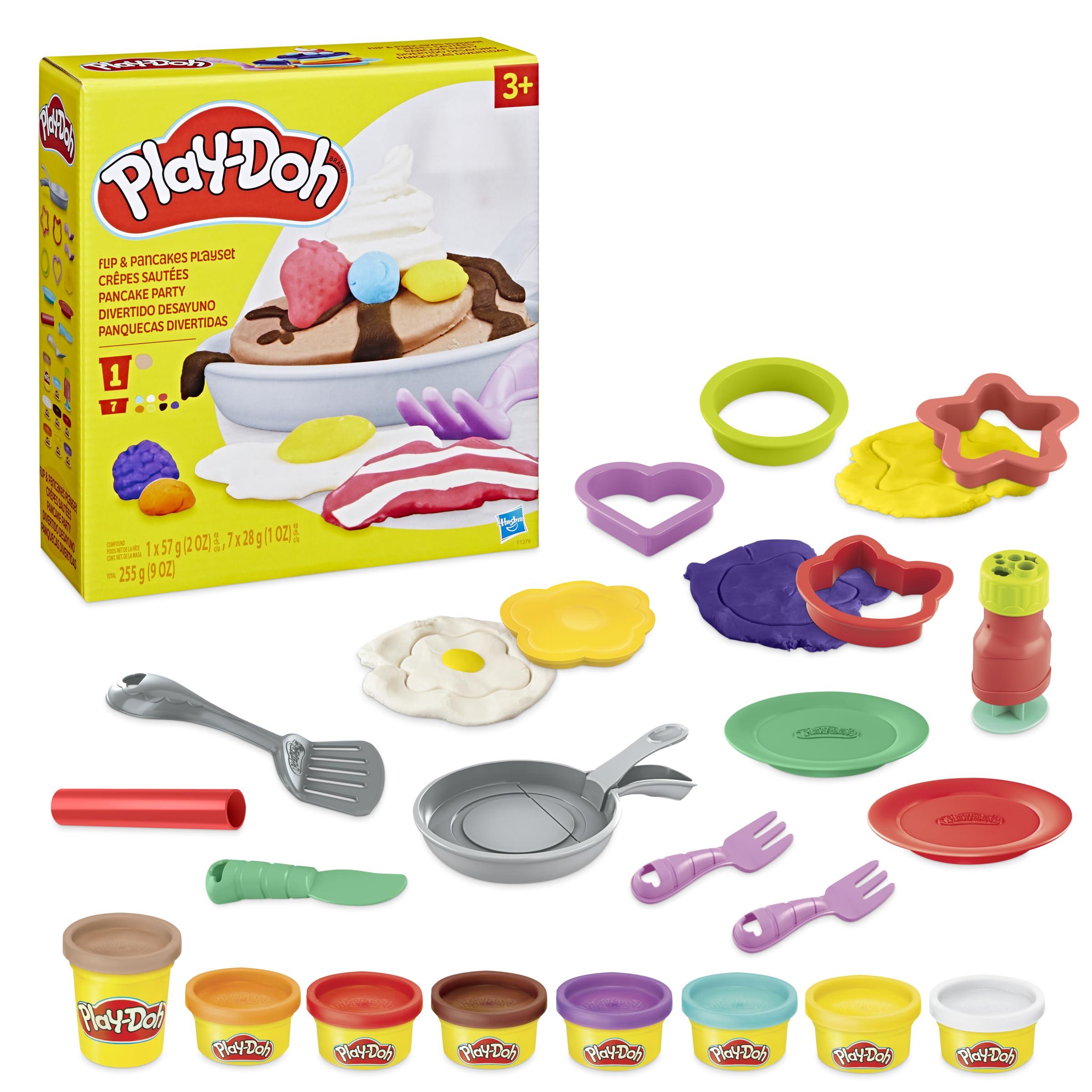 Play-Doh Flip 'n Pancakes Set – 14 Accessories, 8 Cans, Button-Operated Flipping Pan for Kids Ages 3+