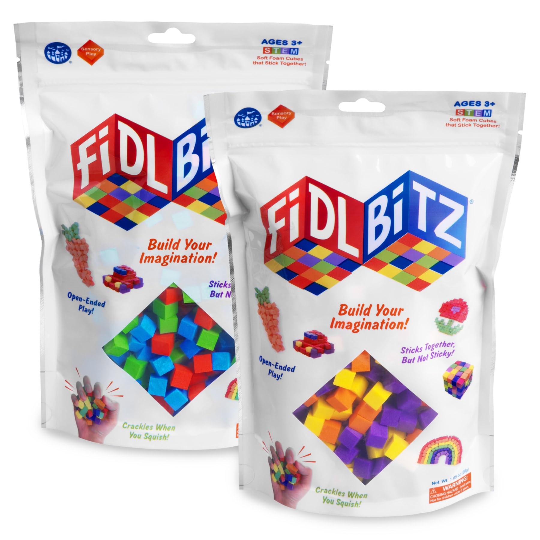 Play Visions FidlBitz Bag of Bitz - 30g Assorted Colors - Squishy Sensory Cubes That Stick Without Sticky Residue