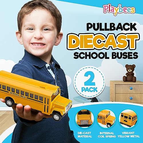 Playbees 2-Pack Pullback Diecast School Buses - Yellow Metal with Write-On Surfaces, 5 Inch Party Favors for Kids