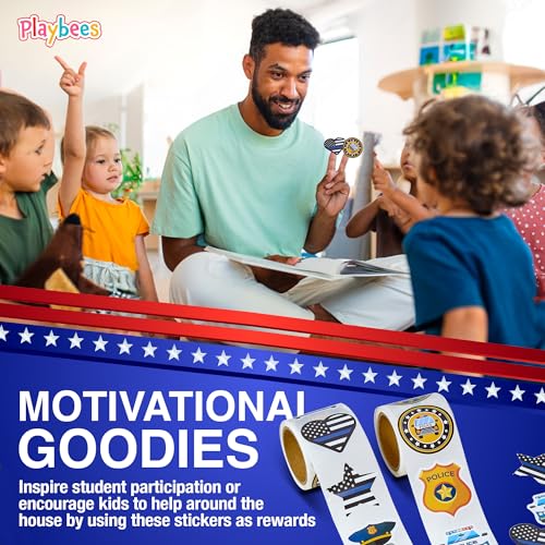 Playbees 200-Pack Police Stickers for Kids – Law Enforcement Badges, Thin Blue Line, American Flag & Car Designs